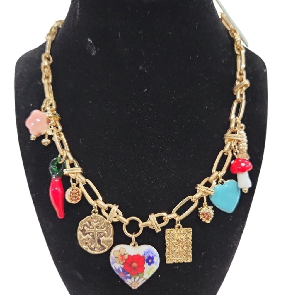 🌶🔹️ Atterri 🔹️Gold Charm 16" Cubic Zirconia Necklace with Colorful Accents